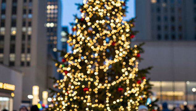 Festive Christmas Tree in Urban Setting: A beautifully decorated Christmas tree, adorned with warm, twinkling lights and red ornaments, stands tall in an urban plaza, creating a magical atmosphere.