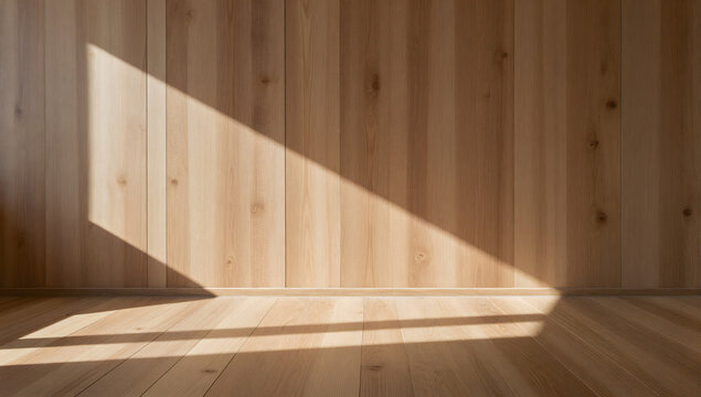 Sunlight on Wood Panels: A minimalist interior scene featuring warm, natural wood panels and flooring, illuminated by a dramatic diagonal beam of sunlight casting a striking shadow.
