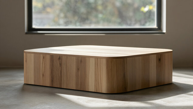 Modern Wooden Coffee Table: A minimalist, rounded rectangular coffee table crafted from natural wood stands in a sunlit room, offering a touch of organic elegance to the space.