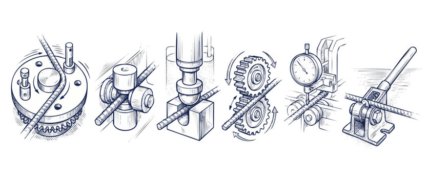 Steel rebar fabrication mechanical drawings showing industrial bending, rolling, testing, and quality control processes in a detailed hand-drawn engraving style; technical engineering schematics pack.
