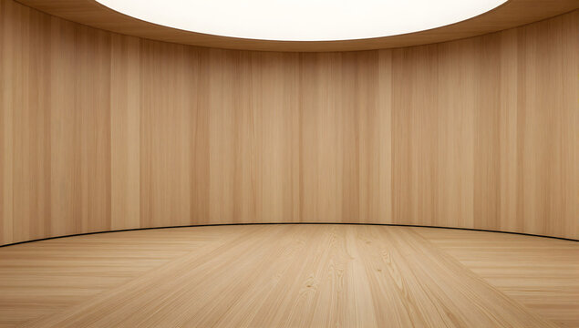 Modern Wood Interior Design: A contemporary and minimalist interior space featuring curved wooden walls and a parquet floor, illuminated by a bright, circular ceiling light.