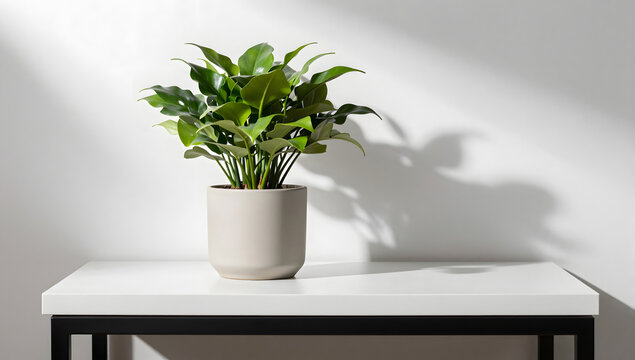 Potted Green Plant on Table: A lush green potted plant sits on a modern white table, with soft shadows cast on a textured wall, creating a serene and minimalist aesthetic.