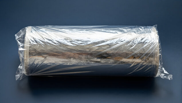 Roll of Cling Film: A roll of clear plastic wrap, commonly used for food preservation, lies on a dark surface, ready for practical application in the kitchen.