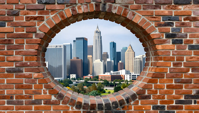 A Glimpse of the Metropolis: Through a circular opening in a weathered brick wall, a panoramic view of a modern city skyline unfolds, with towering skyscrapers piercing the clear blue sky.