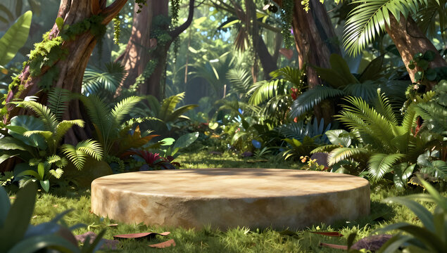 Jungle Scene with Podium: An empty, circular podium sits at the center of a vibrant, lush jungle scene, surrounded by dense foliage, exotic plants, and towering trees.