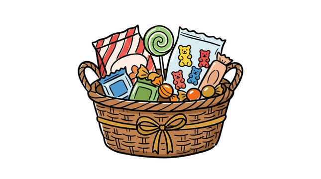 Colorful assortment of snacks candies and treats in a woven basket ideal gift basket for celebrations or sharing