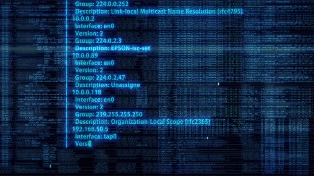 Screen display with fast-moving blue programming code lines, showing a network scanning process and data analysis concept.