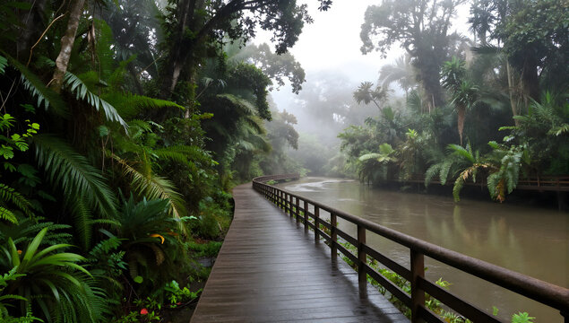 Tranquil Forest Boardwalk: A wooden boardwalk winds through a lush, misty rainforest alongside a calm river, inviting exploration of nature's serene beauty.