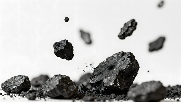 Black Coal Fragments Falling: Sharp, black pieces of coal are captured mid-air as they fall against a stark, light background, highlighting the raw texture and fragmented nature of the fuel.