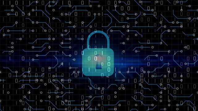 Glowing blue digital padlock icon over a circuit board and binary number background, symbolizing data privacy and cyber security.