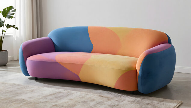 Modern Abstract Sofa: A contemporary sofa with a striking abstract pattern in vibrant hues of blue, purple, orange, and yellow, offering a bold statement piece for a modern living space.