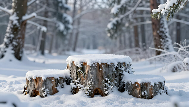 Snowy forest podium: A natural podium formed from three tree stumps covered in a blanket of fresh snow, nestled within a serene, snow-laden forest clearing.