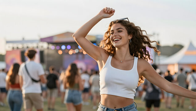 Festival Joy: A young woman with curly hair and a bright smile dances enthusiastically at an outdoor festival, surrounded by a lively crowd and a stage in the background.