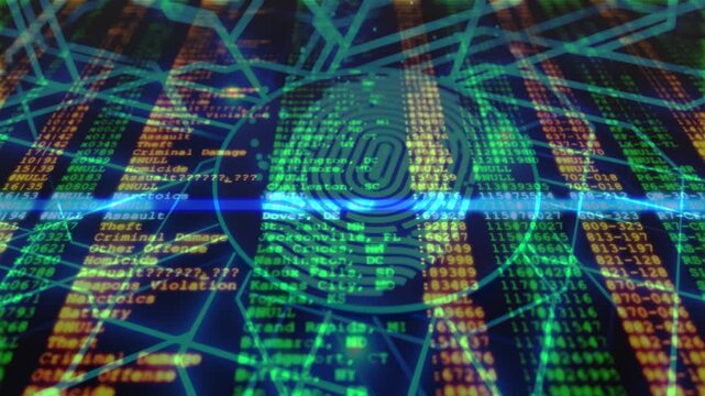Digital fingerprint visualization with criminal data text background, green network lines, and binary code representing cyber security.