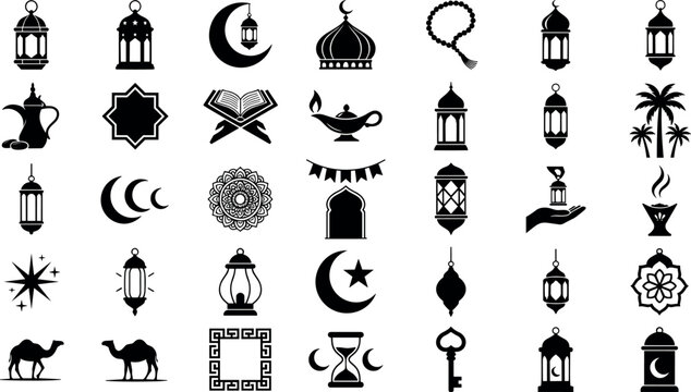 Islamic Ramadan Kareem and Eid Mubarak Silhouette Icon Set with Traditional Lanterns Mosque Crescent Moon Quran Camel and Mandala Symbols for Greeting Designs