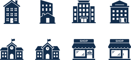 Fototapeta premium Various buildings and shops are shown in a cityscape illustration