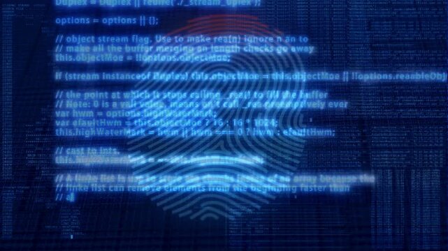 Orange digital fingerprint animation over a blue programming code background, representing cyber security and biometric authentication concepts.