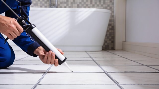 A close-up of a worker in blue uniform using a caulk gun to apply grout sealant on bathroom floor.