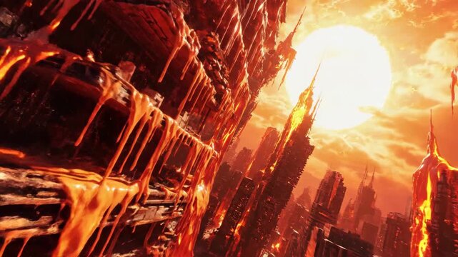 dystopian apocalyptic cityscape with molten lava flowing through ruined skyscrapers under glowing sun