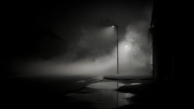 Foggy night street illuminated by lampposts with reflections in puddles creating eerie atmosphere