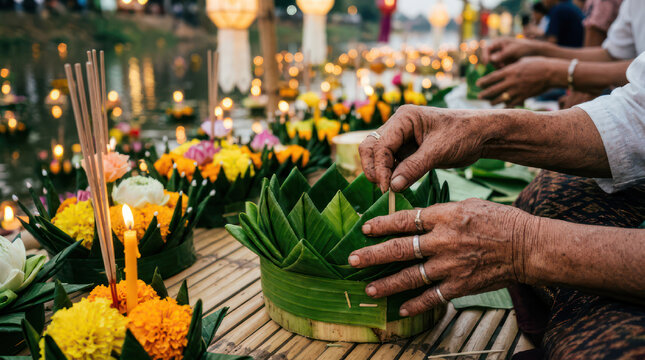 Hands arranging floating flower offerings for festival celebration.