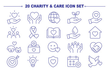 Fototapeta premium Charity human care icon set.Charity,giving, donate money outline icons pack. Line signs volunteering and giving, support donation or friendly handshake