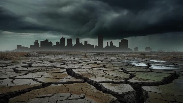 Dry cracked earth and dark polluted city skyline under stormy ominous clouds environmental disaster concept