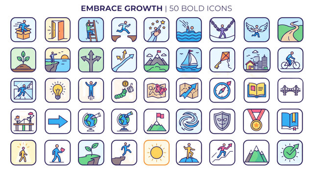 50 Personal Growth & Bold Decision Color Outline Icons | Premium Comfort Zone Vector Collection