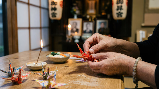 Hands folding a red origami crane on a wooden table with incense.