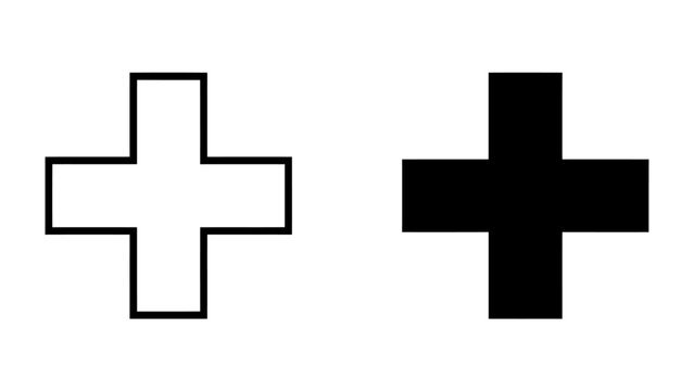 Cross Symbols: A minimalist graphic features two cross shapes, one outlined in white and the other filled in black, symbolizing duality, contrast, or choice.