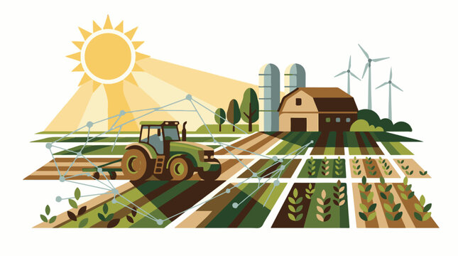 Modern farm with tractor crops silos barn and wind turbines