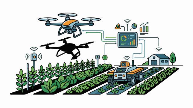 Modern farm with drones robot sensors and data management
