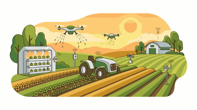 Modern farm with drones tractor and greenhouse