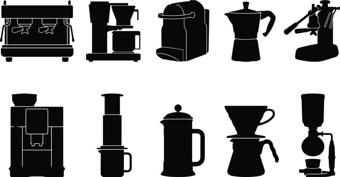 Various coffee makers and brewers on display for comparison purposes indoors