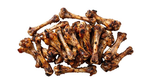 Charred Grilled Chicken Wing Bones Piled on White Background