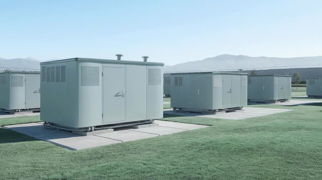 Modern electrical transformer stations on green grass field with clear blue sky and mountains background