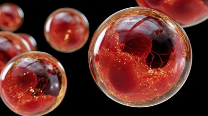Fototapeta premium Abstract red coral-like spheres with gold flakes on black background
