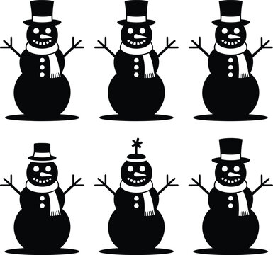   
Vector Illustration Featuring 2x3 Grid of Black Silhouette Snowman Icons with Top Hats Scarves Smiling Faces and Stick Arms
