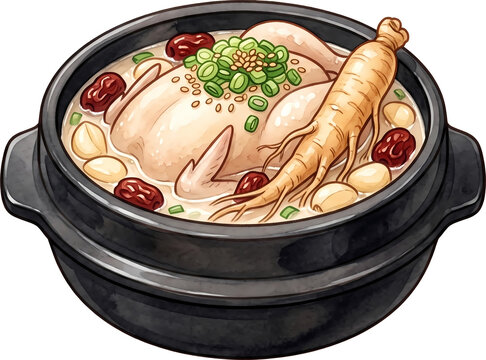 Korean ginseng chicken soup samgyetang in hot stone pot