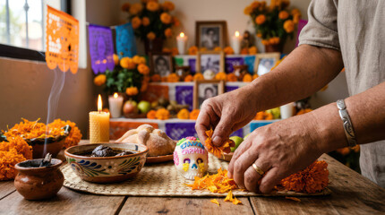Person decorating an altar with marigold flowers for Day of the Dead celebration.
