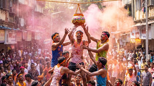 Vibrant Dahi Handi Celebration with Human Pyramid during Janmashtami Festival in India