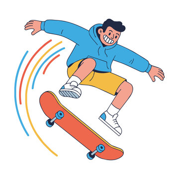 Stylized character skateboarding performing a kickflip trick with minimalist motion lines on a solid white background active lifestyle concept