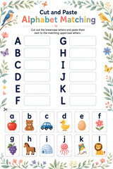 Fototapeta premium Cut and paste alphabet matching worksheet for preschoolers featuring botanical floral borders and cute animal