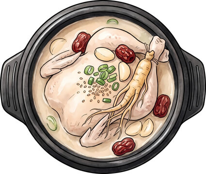 Korean ginseng chicken soup samgyetang in hot stone pot