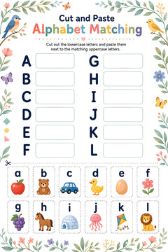 Cut and paste alphabet matching worksheet for preschoolers featuring botanical floral borders and cute animal