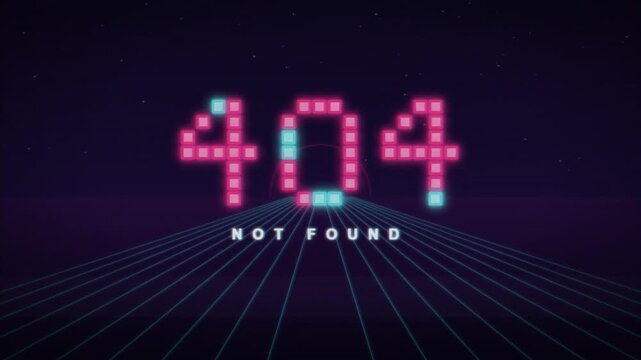 Retro synthwave 80s style 404 page not found error message animation with neon grid