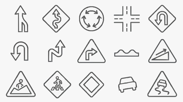 Clean Black and White Line Icons Set of Directional Warning and Road Sign Symbols for Maps Apps and UI Design