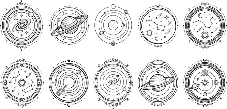 Astronomical illustrations of planets and celestial bodies in space orbits