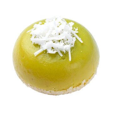 Traditional Pandan Sweet Cake with Grated Coconut Isolated on White