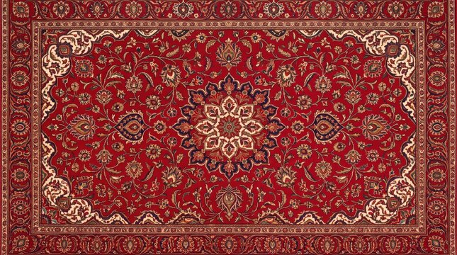 Oriental red persian rug with intricate central floral medallion and repeating vine motifs on rectangular woven pile, traditional decorative floor covering